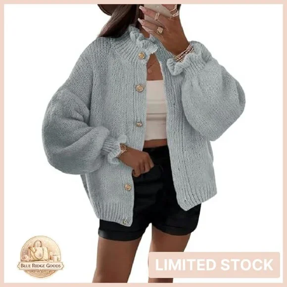 Oversized Ribbed Knit Cardigan Ruffle Neckline Open Front Chic Fall Sweater